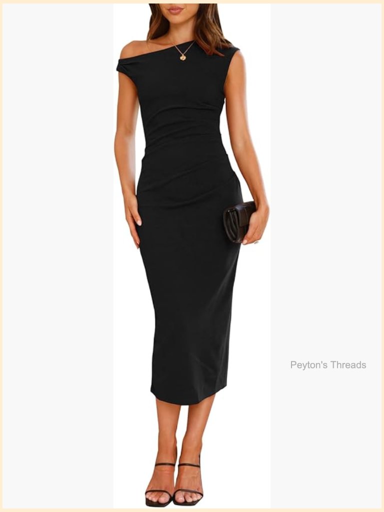 Off Shoulder Bodycon Ruched Midi Dress With Slit